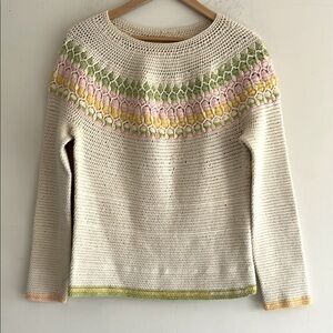 Cream Multi Color  Crochet Cotton Crew Neck Sweater Women's Size LG